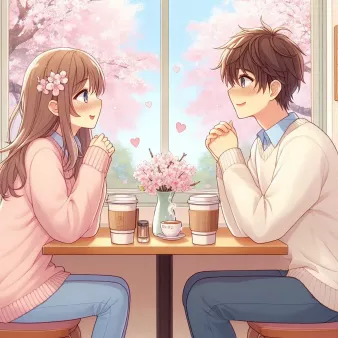 桜の木が見えるカフェで向かい合って座っている男女