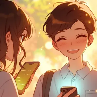 スマホを手にして向き合っている男女